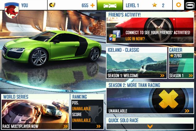 Asphalt 8: Airborne home screen