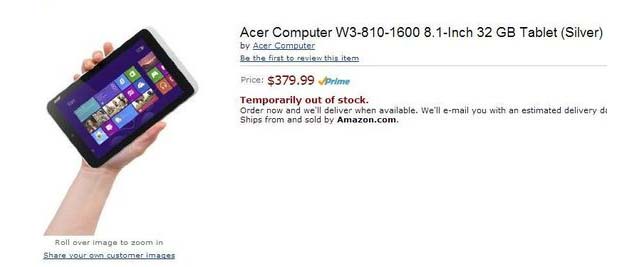 Acer W3-810, first small-screen Windows 8 tablet, accidentally leaked by Amazon.com