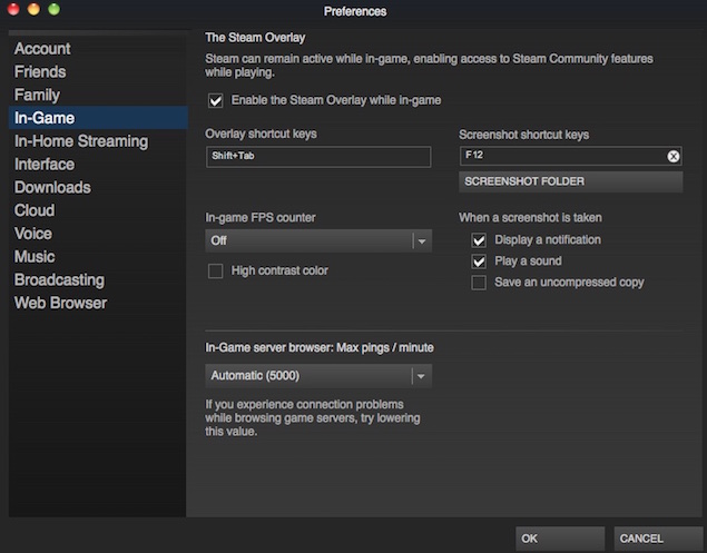 change screenshot settings for steam on mac