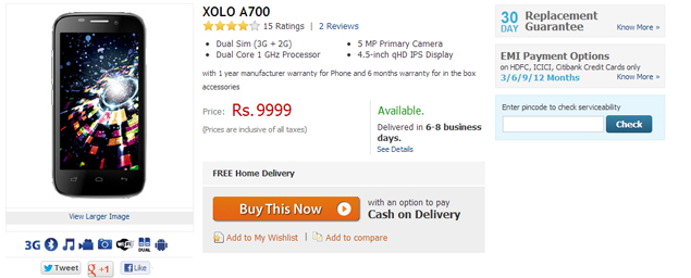Dual-SIM Lava Xolo A700 available online for Rs.9,999