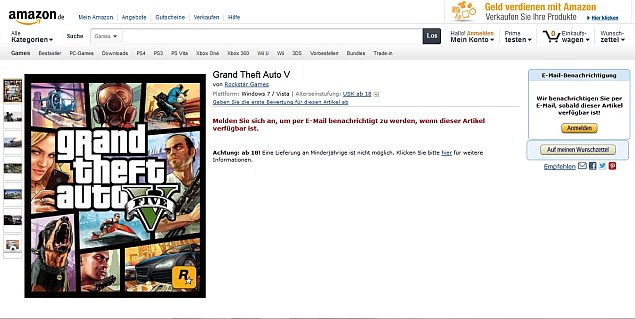 Grand Theft Auto V PC version listed on Amazon Germany website