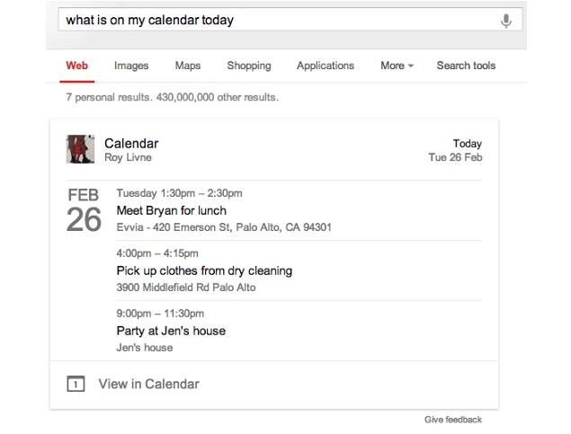 Google experiments with including your Calendar listings in search results