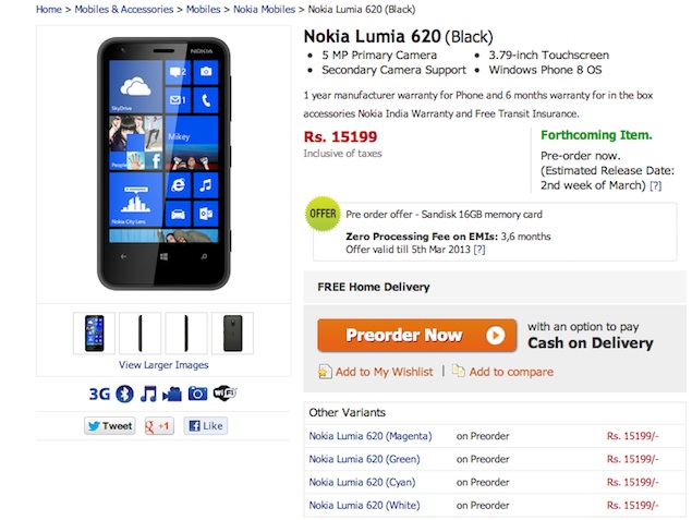 Nokia Lumia 620 with Windows Phone 8 available for pre-orders at Rs. 15,199