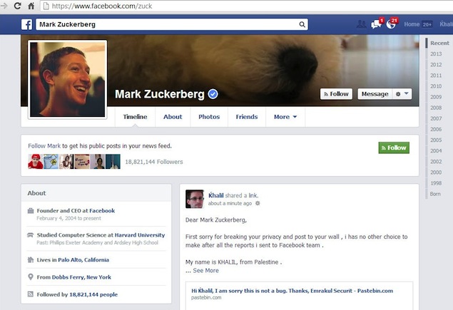 Mark Zuckerberg's Facebook Wall 'hacked' by irate security researcher