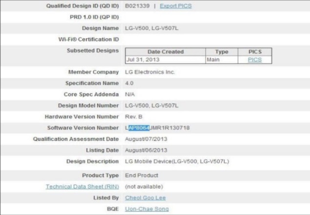 Rumoured LG tablet spotted in Bluetooth SIG filing