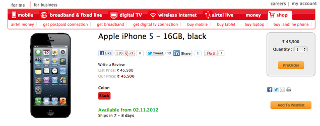 Airtel begins pre-orders of 16GB iPhone 5 in India for Rs. 45,500