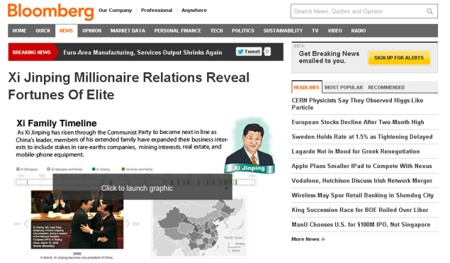 Bloomberg sites blocked in China days after Xi family wealth story