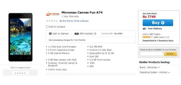 Micromax Canvas Fun A74 with Android 4.2 now available online for Rs. 7,749