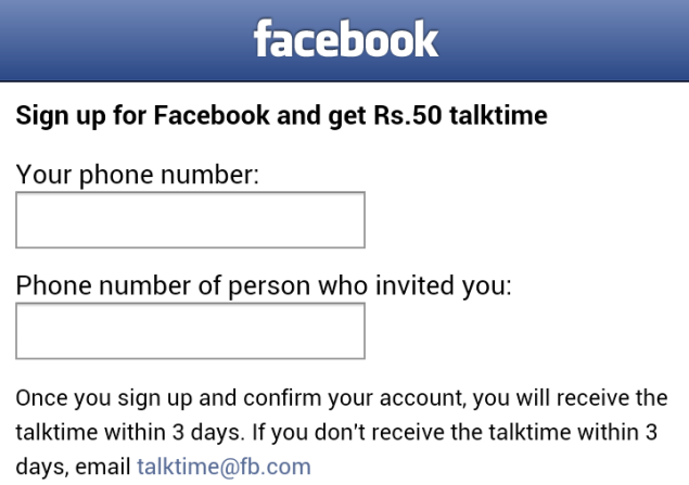 Facebook offering Rs. 50 talk time to new signups via mobile