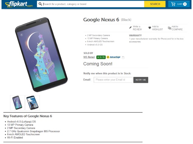 Google Nexus 6 32GB Listed on Flipkart as 'Coming Soon'