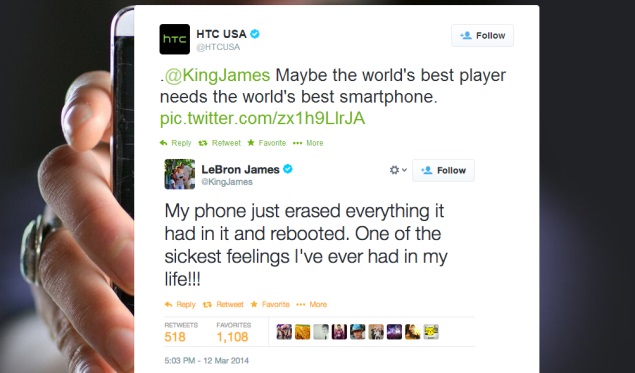Samsung promoter LeBron James tweets phone crash, HTC suggests a brand change