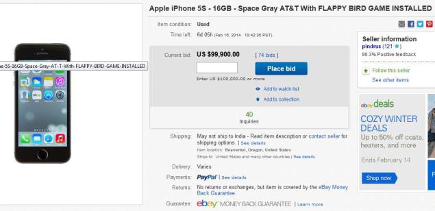 Used iPhone 5s with Flappy Bird installed going for $100,000 on eBay