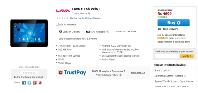 Lava E Tab Velo+ tablet with Android 4.2 now available online for Rs. 4,699