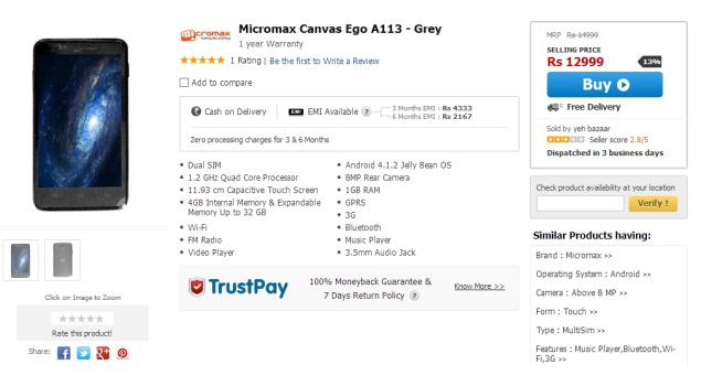 Micromax Canvas Ego A113 with 4.7-inch display now available online for Rs. 12,999