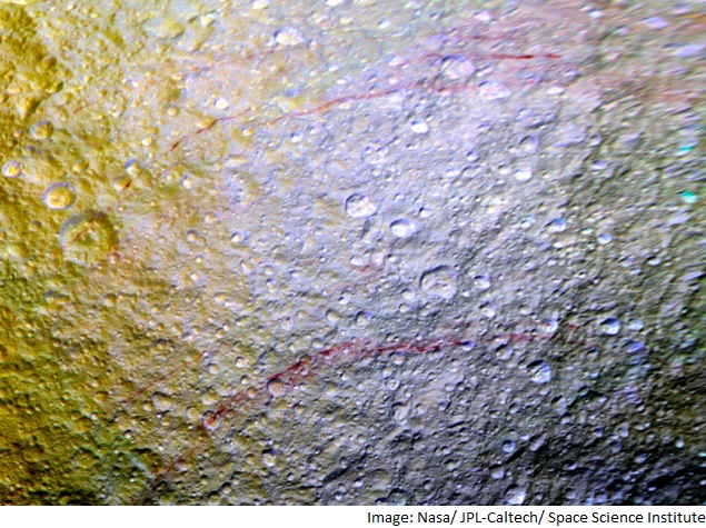 Nasa's Cassini Spacecraft Spots Unusual Red Arcs on Saturn Moon Tethys