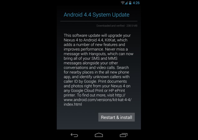 Nexus 4 reportedly starts receiving Android 4.4 KitKat update in India