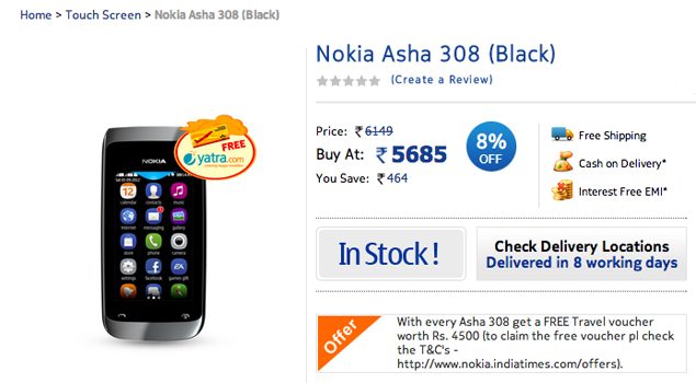 Nokia Asha 308 dual-SIM phone lands in India for Rs. 5,685