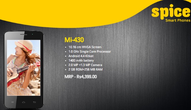 Spice Mi-430 With 3G Support, Android 4.4 KitKat Launched at Rs. 4,399