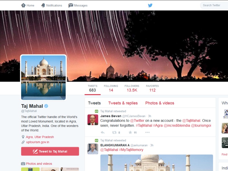 Taj Mahal the 'First Historical Monument to Get a Twitter Account' Taj Mahal the 'First Historical Monument to Get a Twitter Account'