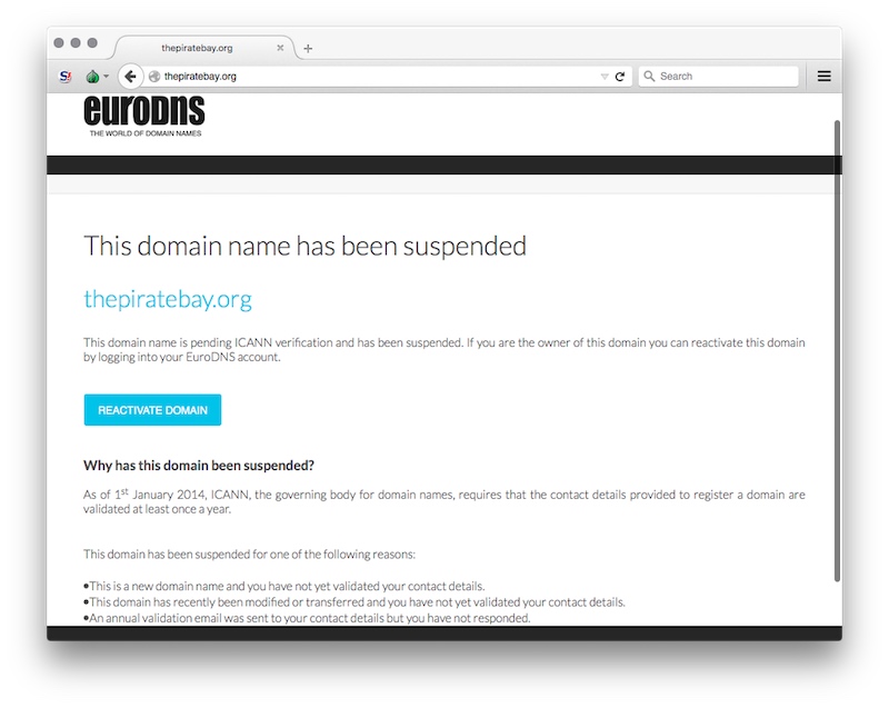 ThePirateBay.org Suspended After Registrant Fails to Verify the Domain
