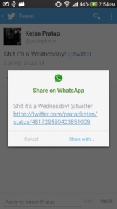 Twitter Rolling-Out Dedicated WhatsApp Share Button to Android App