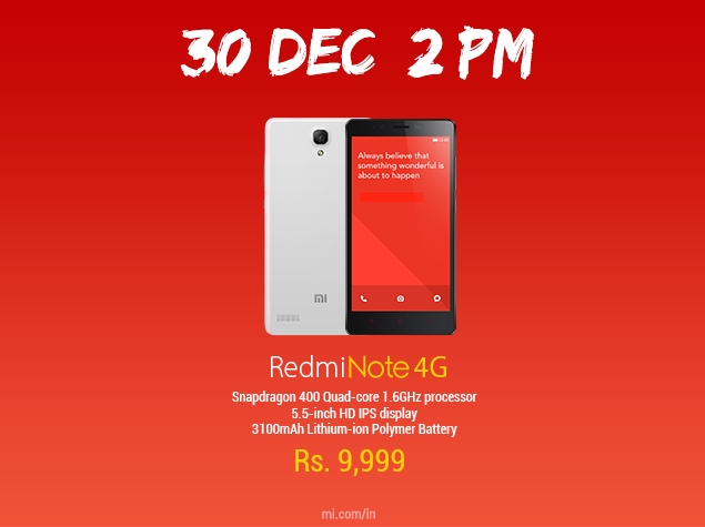 Xiaomi Redmi Note 4G to Go on Sale for First Time on December 30