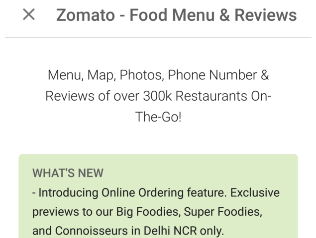 Zomato App Update Brings Online Ordering Support