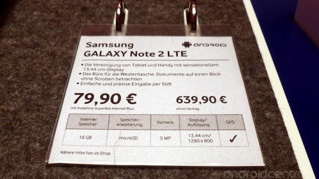 Samsung Galaxy Note II price revealed via Vodafone Germany