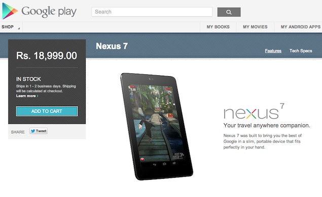 Google Nexus 7 32GB Wi-Fi only now available from India Play Store for Rs. 18,999