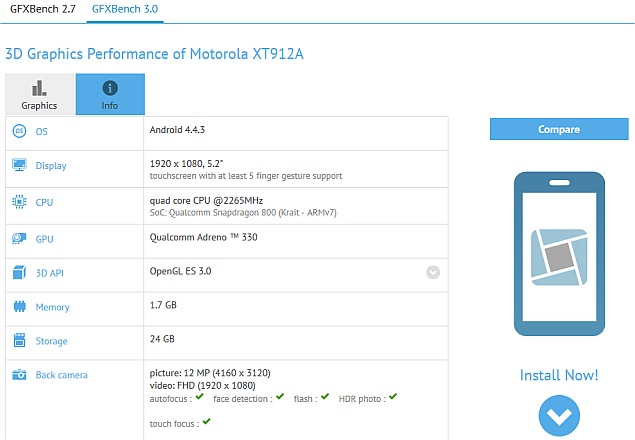 Motorola XT912A spotted at GFXBench with Snapdragon 800, full-HD display