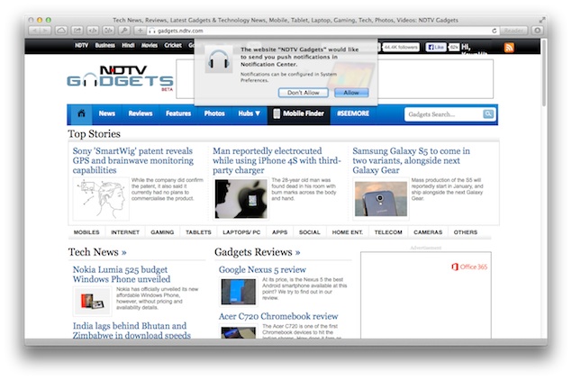 OS X Mavericks users can now opt for news alerts from NDTV.com, NDTV Gadgets