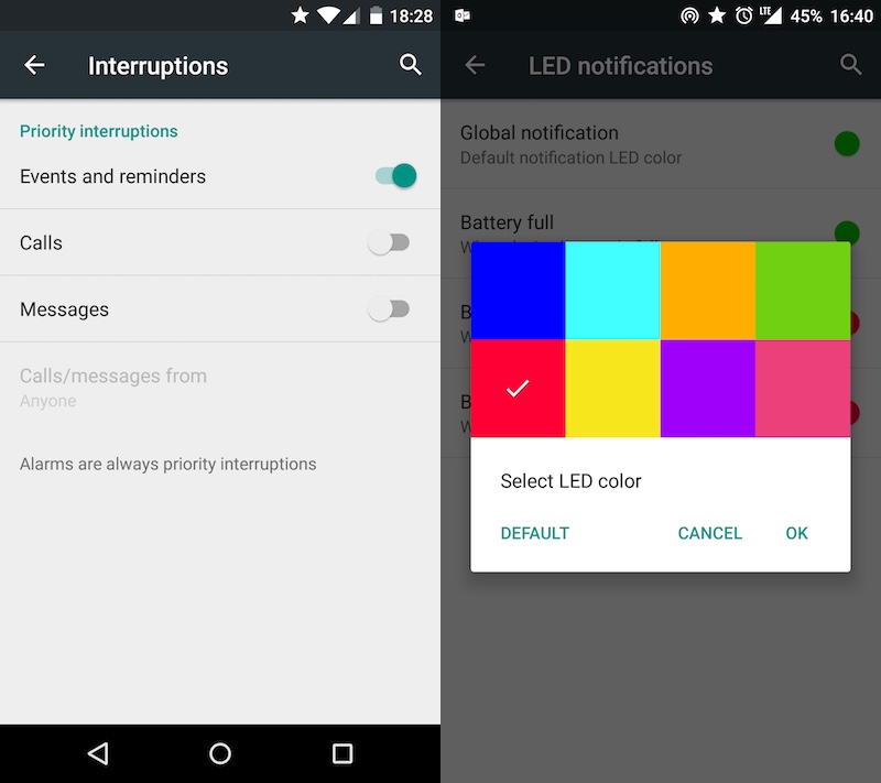You can define priority interruptions at a very high level (left) and various colour you can choose for the notification LED (right)