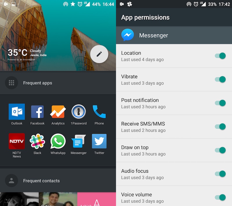 Shelf (left) and App Permissions (right)
