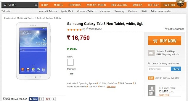 Samsung Galaxy Tab3 Neo with Android 4.2 now available online at Rs. 16,750