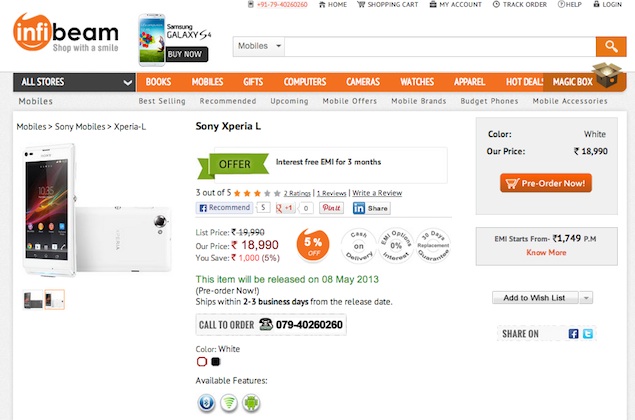 Sony Xperia L with 4.3-inch display, 1GB RAM now up for pre-orders at Rs. 18,990