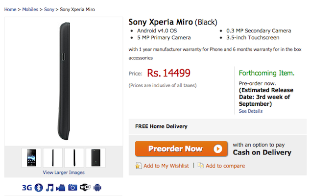Sony Xperia miro up for India pre-orders at Rs. 14,499