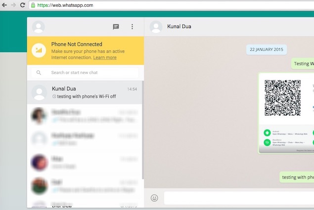 WhatsApp Web needs your phone to be connected to the Internet