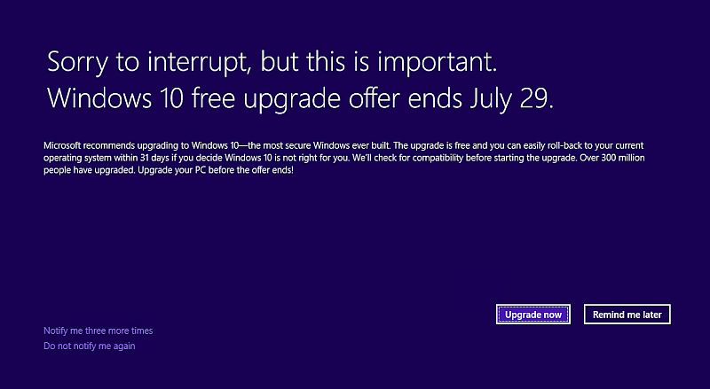 In Final Push, Microsoft to Show Full-Screen Windows 10 Upgrade Prompts